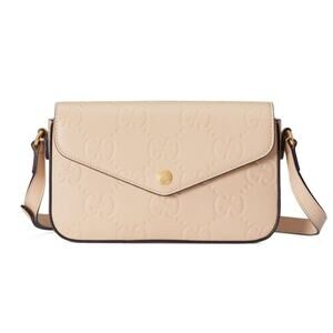 Gucci Super Mini Leather Embossed Beige Nude Crossbody Shoulder Bag